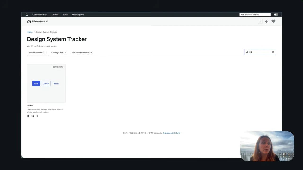 Design System Tracker with text in its search field and a single Button card showing Save, Cancel and Reset controls.