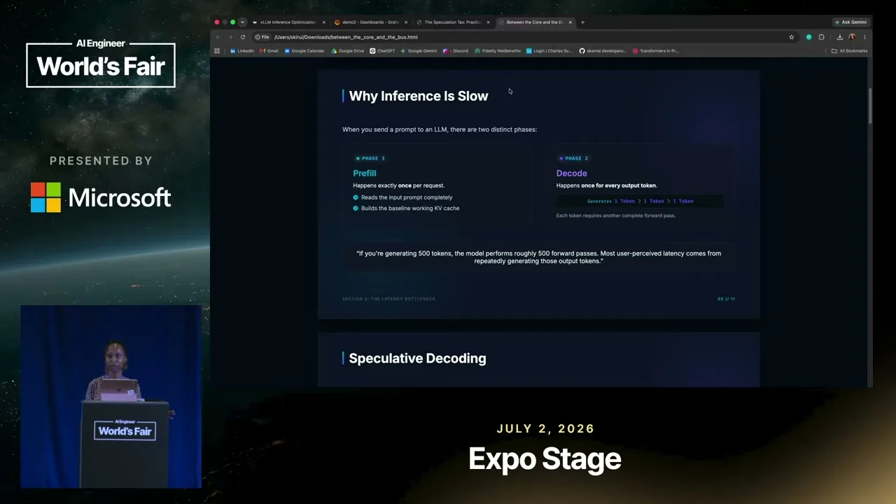 Selected presentation frame from Is Speculative Decoding Worth It? Profiling vLLM on NVIDIA Blackwell — Akamai at 61 seconds