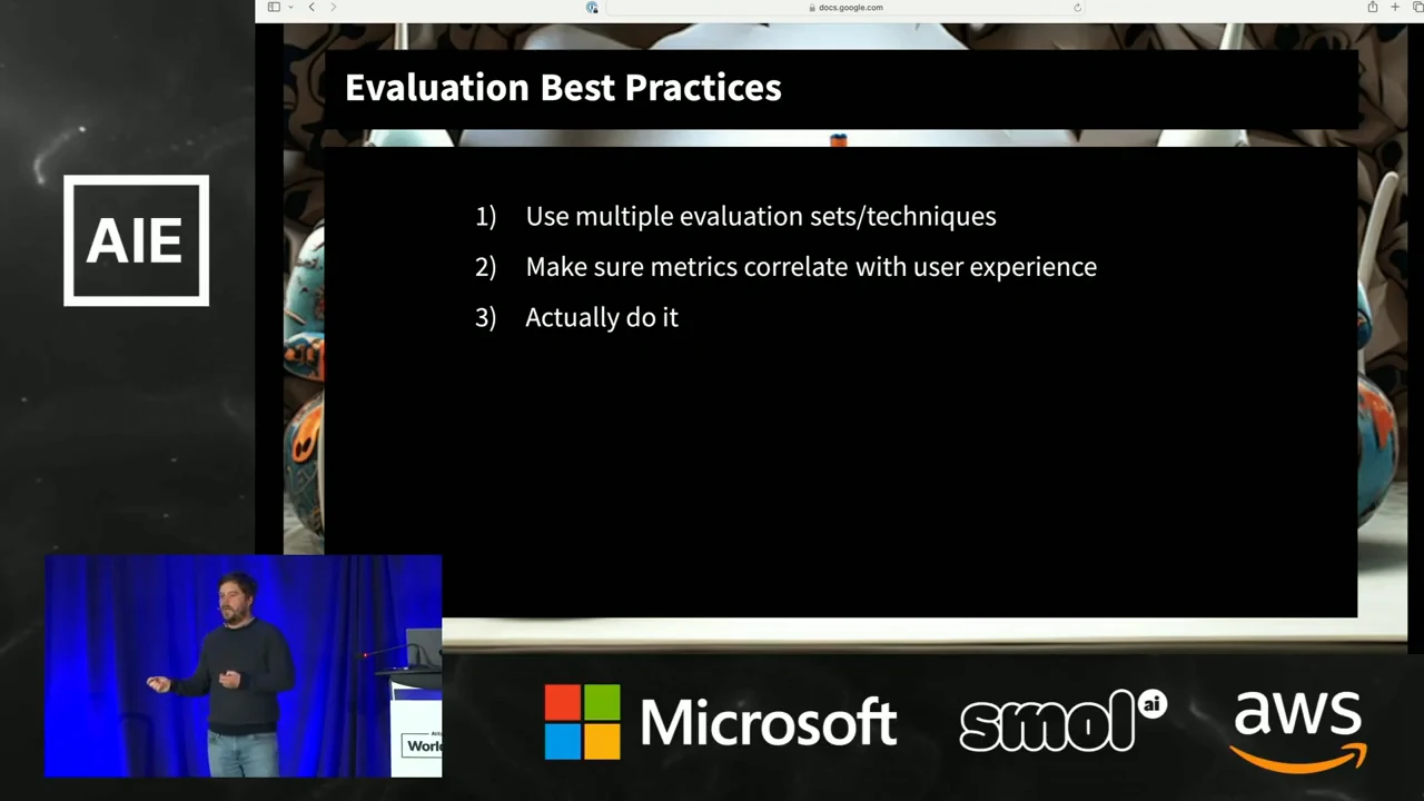 “Evaluation Best Practices” slide listing multiple evaluation sets or techniques, metrics correlated with user experience, and “Actually do it.”