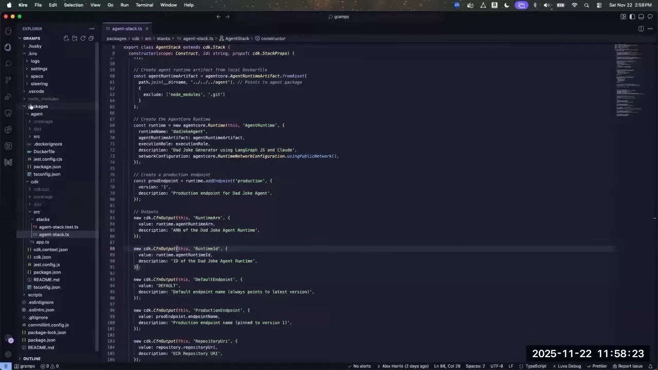 Kiro displays agent-stack.ts with code for an AgentCore runtime, a production endpoint, and stack outputs beside the project file tree.