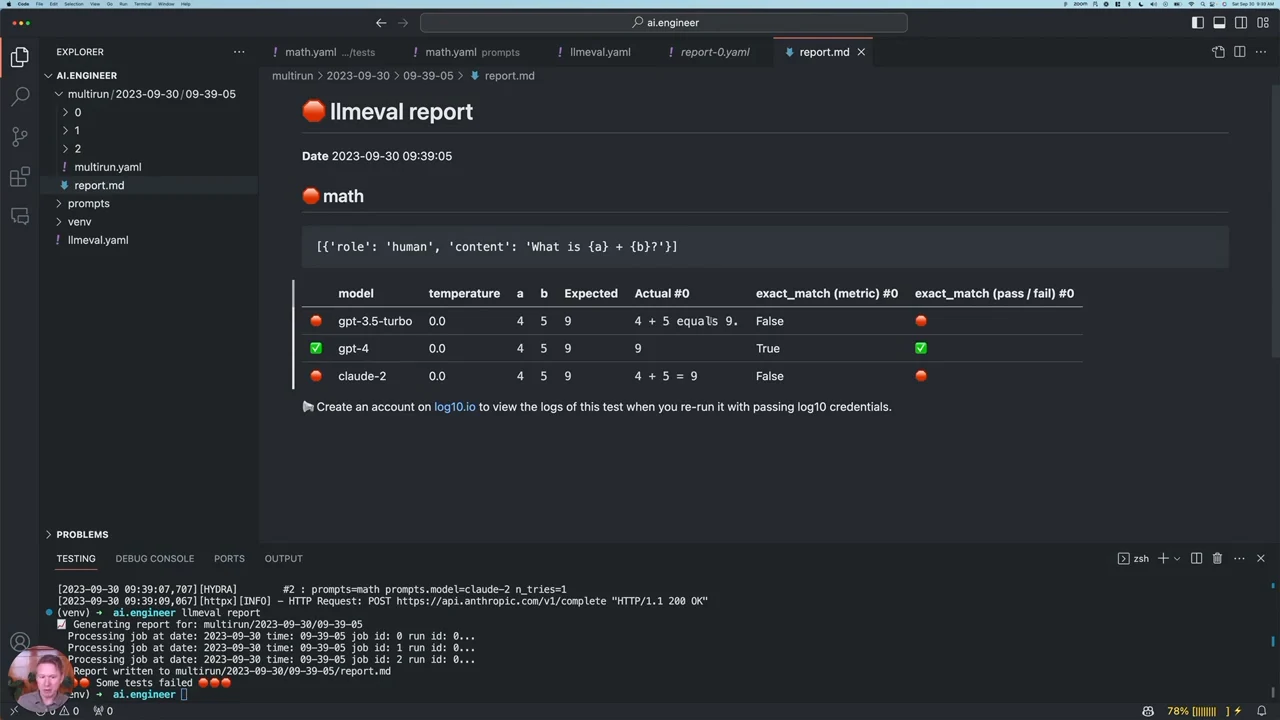 llmeval report table shows three model outputs for adding 4 and 5, with a green pass for the bare answer 9 and failures for answers containing extra text.