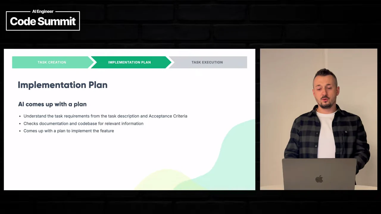 Implementation Plan slide lists understanding task requirements, checking documentation and codebase, and planning the feature.