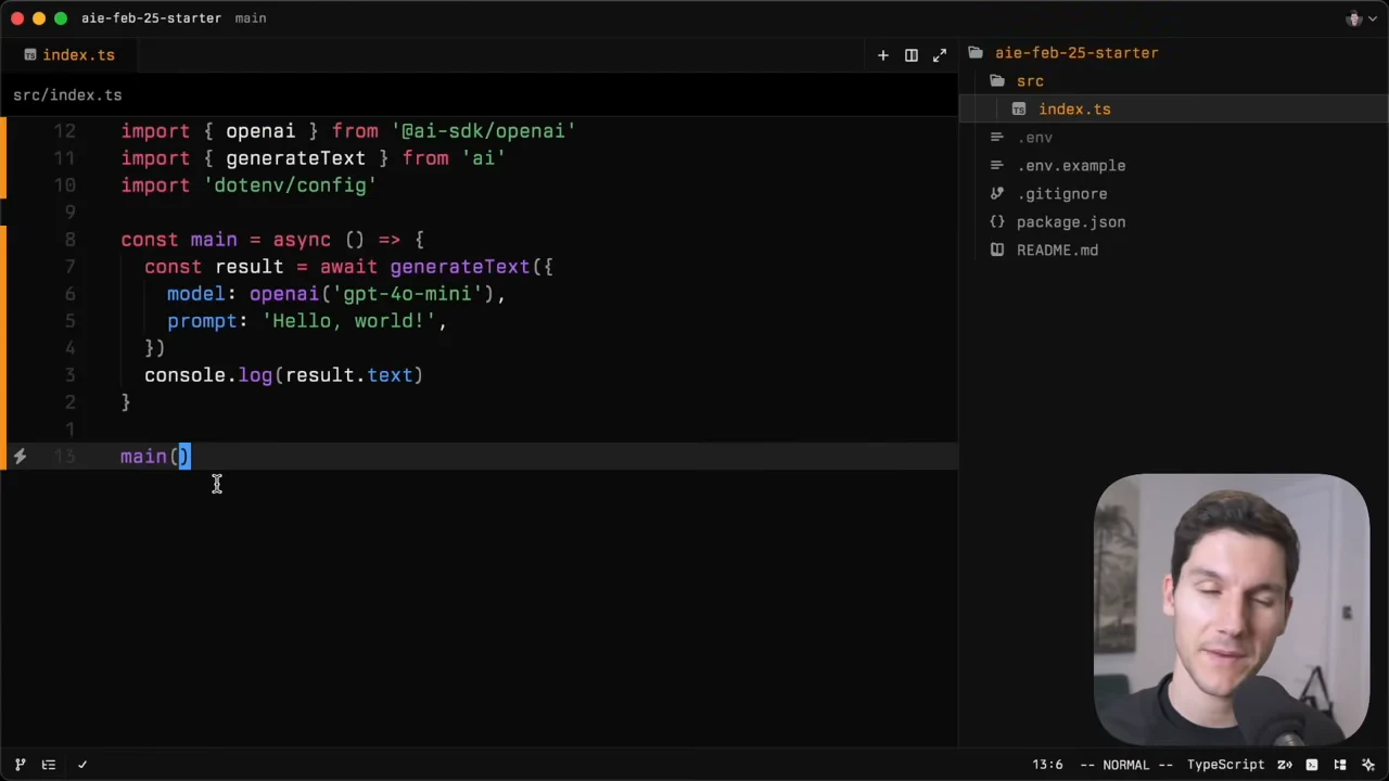 Code editor showing imports, an asynchronous main function, a generateText call with a Hello, world! prompt, and logging of result.text.