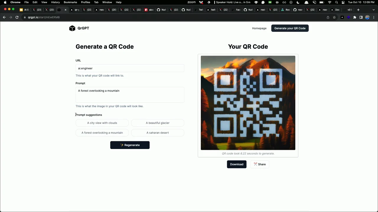 QrGPT form beside a finished artistic QR code, with mountain and forest imagery and Download and Share controls.