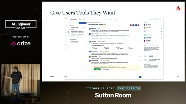 Slide titled Give Users Tools They Want with a conversation interface screenshot labeled Mock.