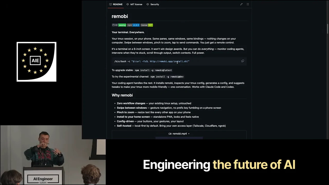Remobi README with installation command blocks and a “Why remobi” list covering gestures, home-screen installation, configuration, and self-hosting.