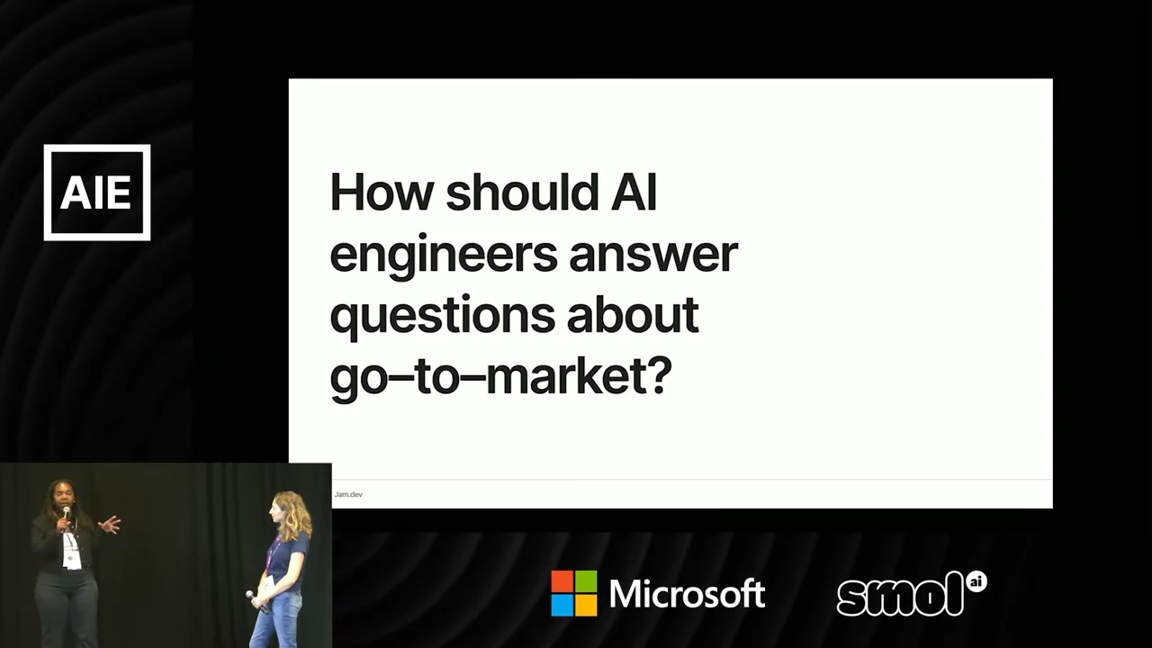 Slide asking “How should AI engineers answer questions about go-to-market?” with two presenters in a lower-left inset.
