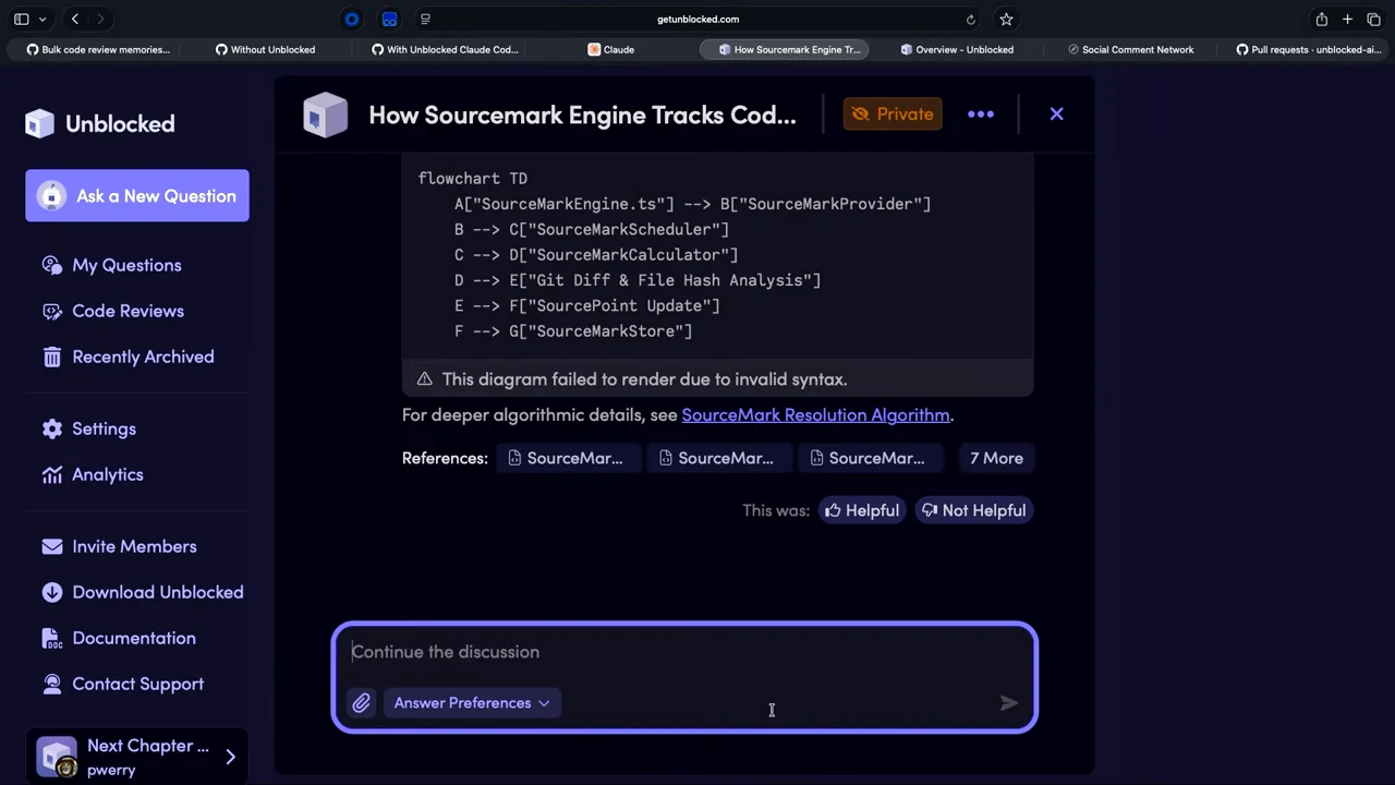 Unblocked answer showing a diagram syntax error, reference links, Helpful and Not Helpful buttons, and a Continue the discussion input.