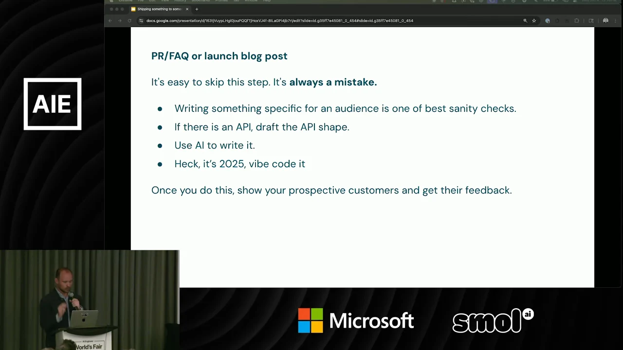 Slide titled “PR/FAQ or launch blog post” with bullets about writing for an audience, drafting an API shape, using AI, and vibe coding, followed by a request for customer feedback.