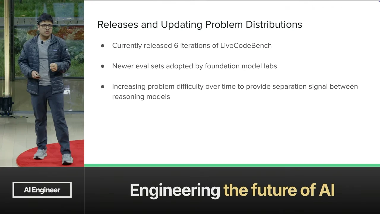 Slide titled Releases and Updating Problem Distributions lists six LiveCodeBench iterations, adoption of newer evaluation sets, and increasing problem difficulty to distinguish reasoning models.