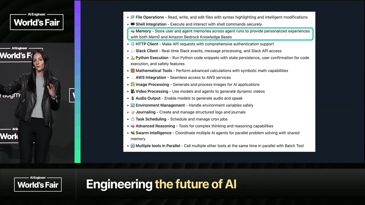 List of agent tool capabilities with a green outline around the Memory entry; other entries include file operations, multimodal processing, reasoning, and swarm intelligence.