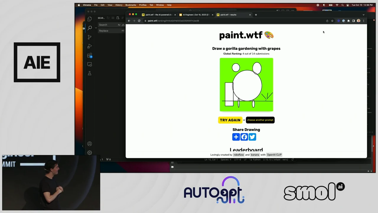 Paint.wtf results page showing a geometric white figure outlined in black on green, beside a rectangle and a small plant-like sketch.