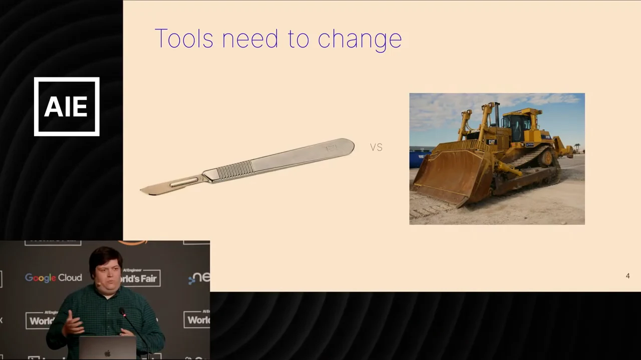 Slide titled “Tools need to change” showing a scalpel on the left and a bulldozer on the right.