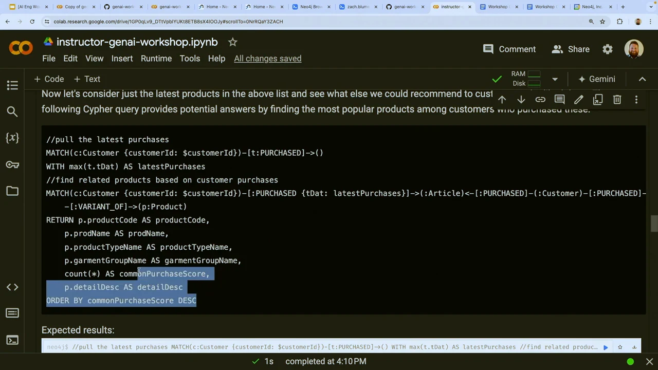 Notebook query showing latest-purchase selection, customer purchase paths, product fields, and ordering by commonPurchaseScore.