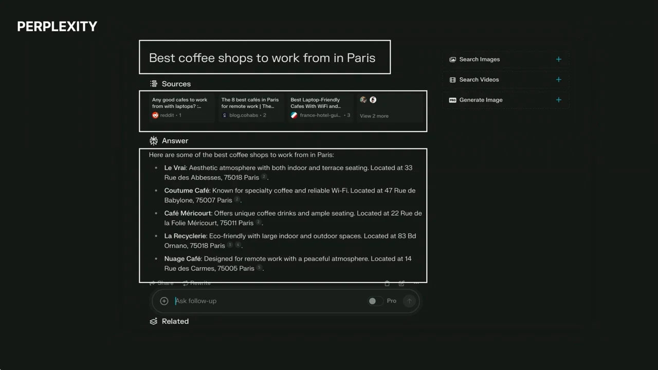 Perplexity results for “Best coffee shops to work from in Paris,” with white outlines around the query, source cards, and answer.