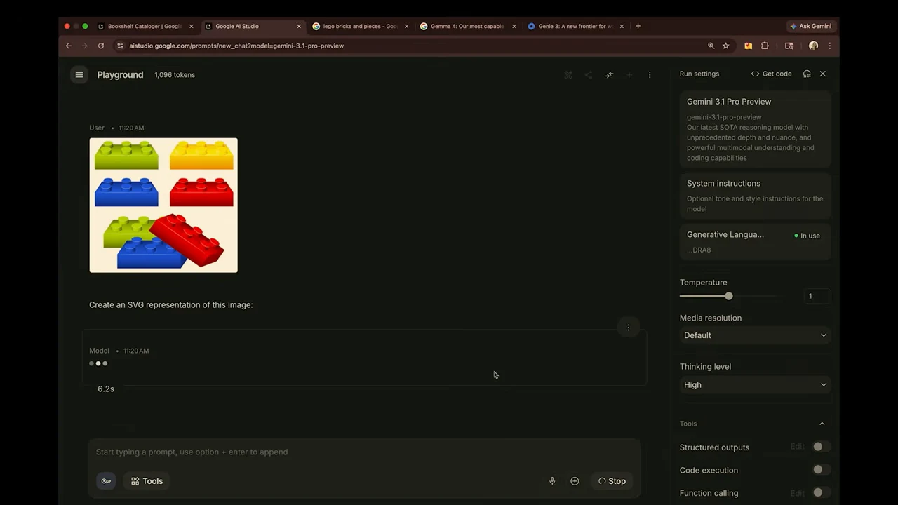 AI Studio shows a colorful Lego brick image above the prompt “Create an SVG representation of this image,” with the model response beginning below.