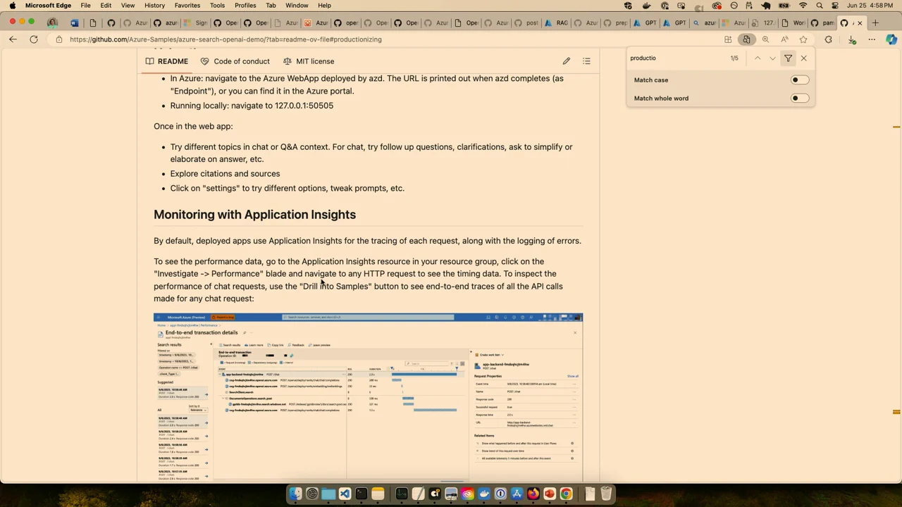 GitHub README section titled Monitoring with Application Insights, with explanatory text and a monitoring screenshot.