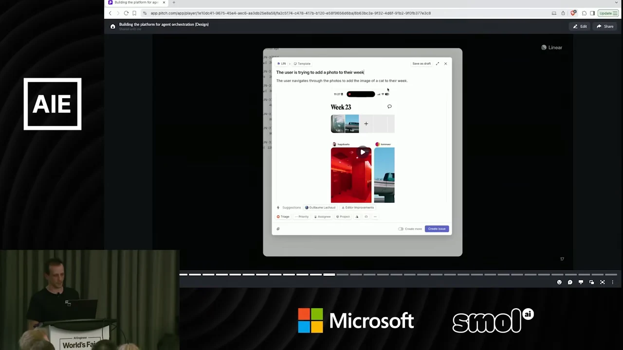 Issue composer showing a title about adding a photo, a short description, an embedded video preview, and a Create issue button.
