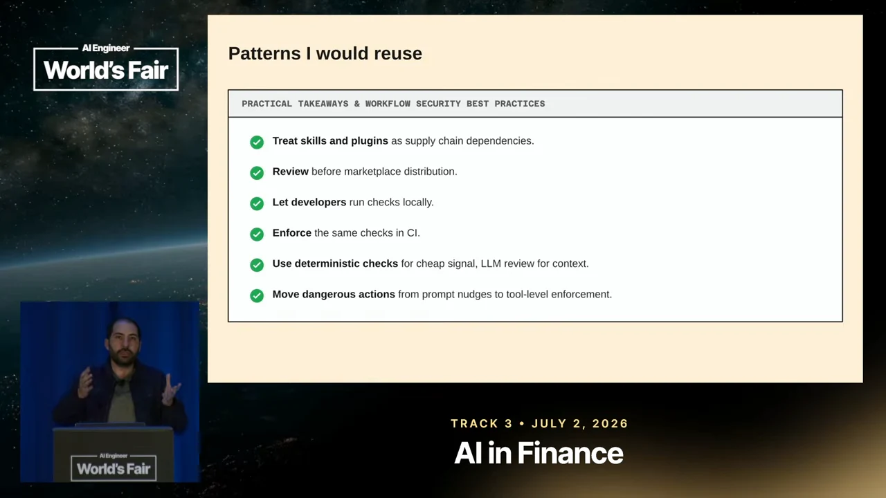 Patterns I would reuse slide lists six checked practices, ending with moving dangerous actions from prompt nudges to tool-level enforcement.