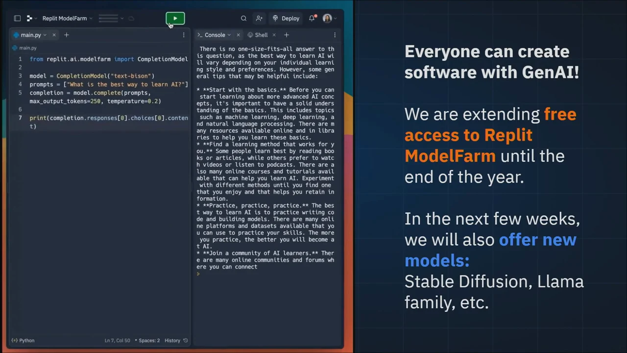 Replit editor and console showing a response about learning AI, beside an announcement of extended free ModelFarm access and upcoming models.