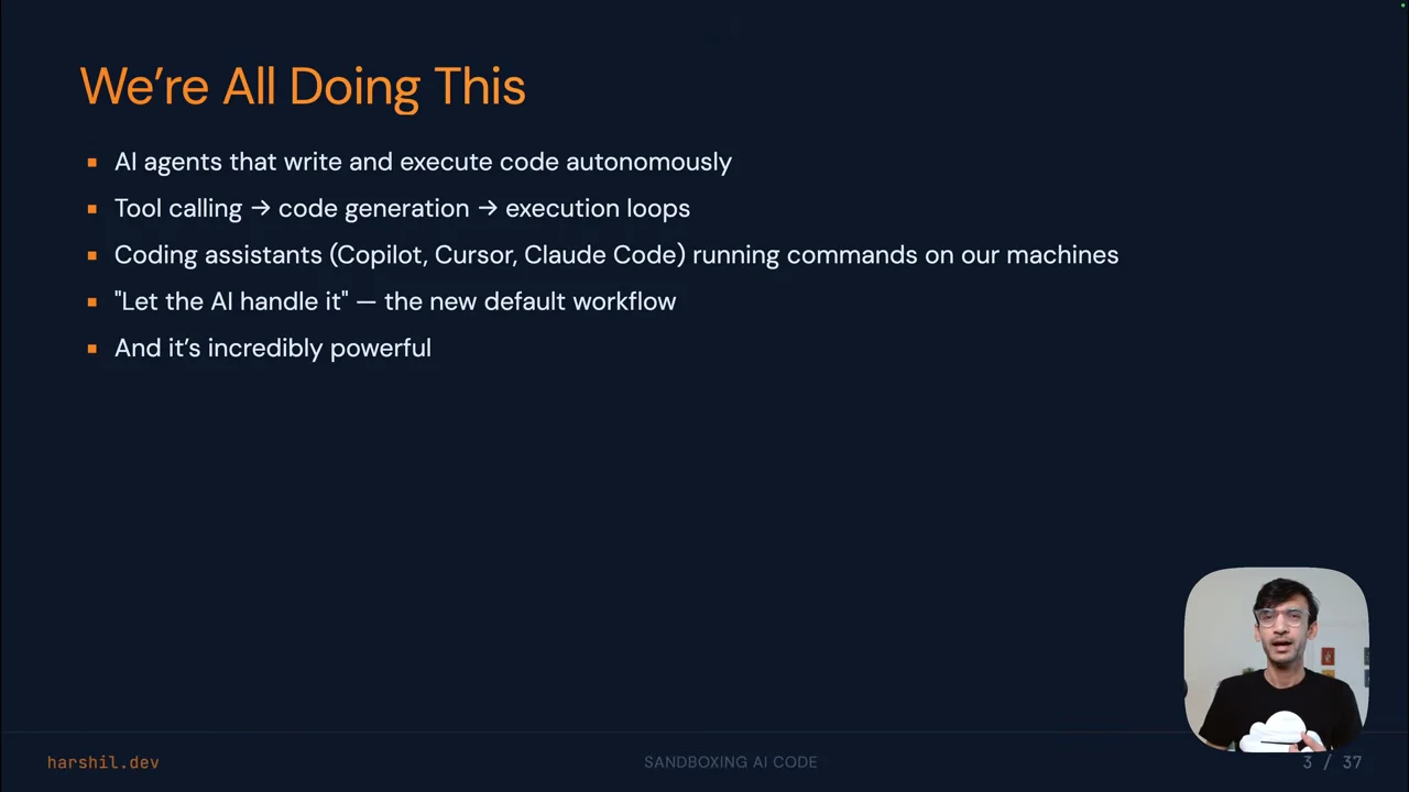 Slide titled “We’re All Doing This” with five bullets covering autonomous agents, tool-calling loops, coding assistants, delegated workflows, and their power.