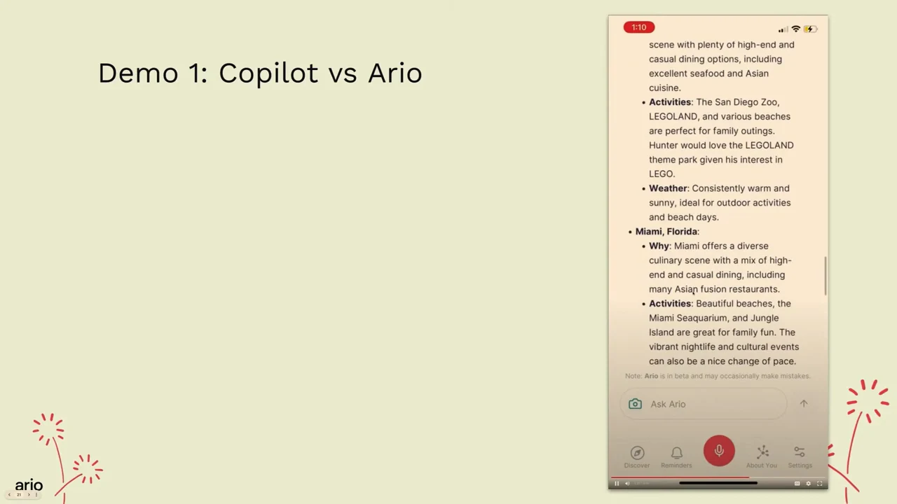 Slide titled “Demo 1: Copilot vs Ario” with an Ario phone response mentioning LEGOLAND, an interest in LEGO, and Miami food, activities, and weather.
