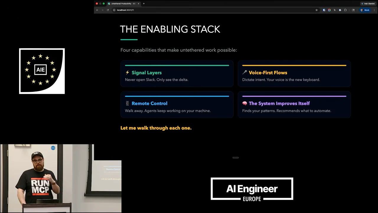 “THE ENABLING STACK” slide displays four cards: Signal Layers, Voice-First Flows, Remote Control, and The System Improves Itself.