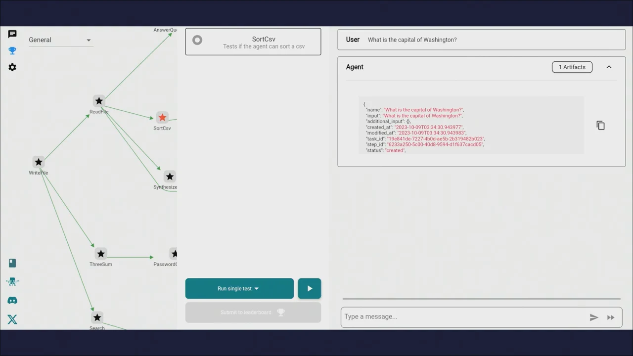 Connected task nodes appear beside a SortCsv test card and User and Agent panels displaying a JSON artifact.