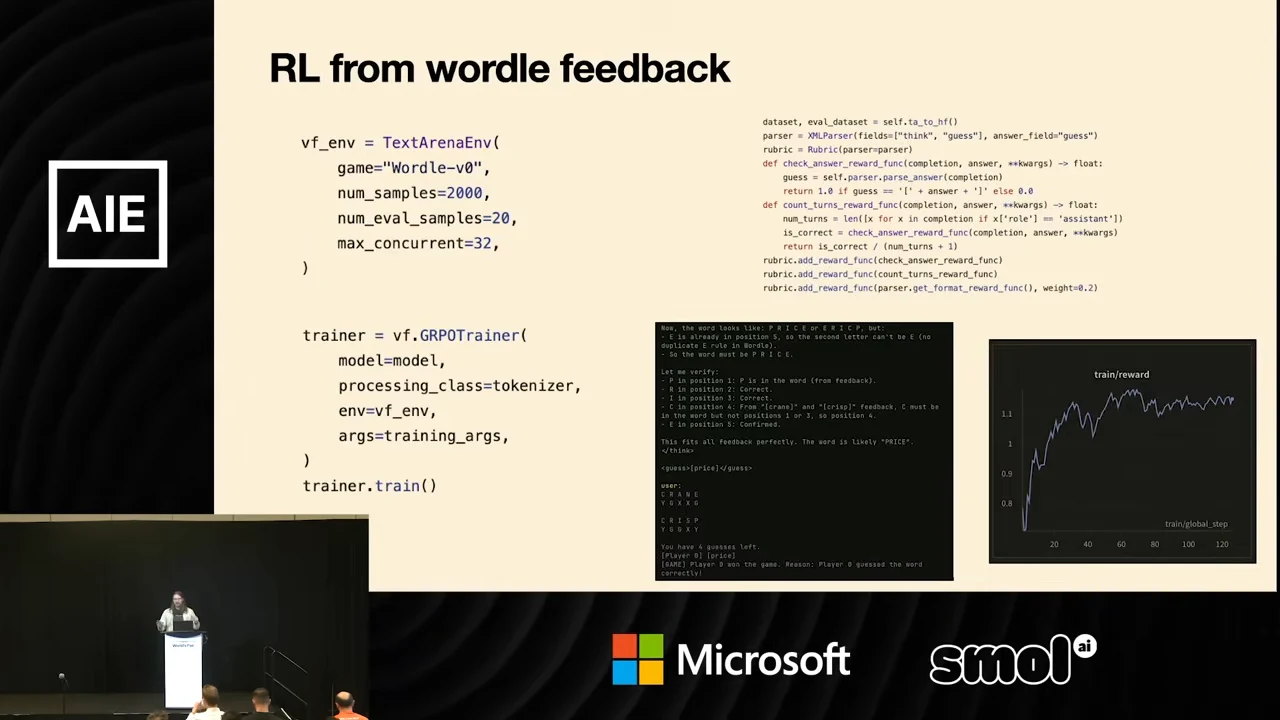 Wordle training slide with setup code on the left, reward code above a terminal screenshot in the center, and a rising then leveling reward graph on the right.