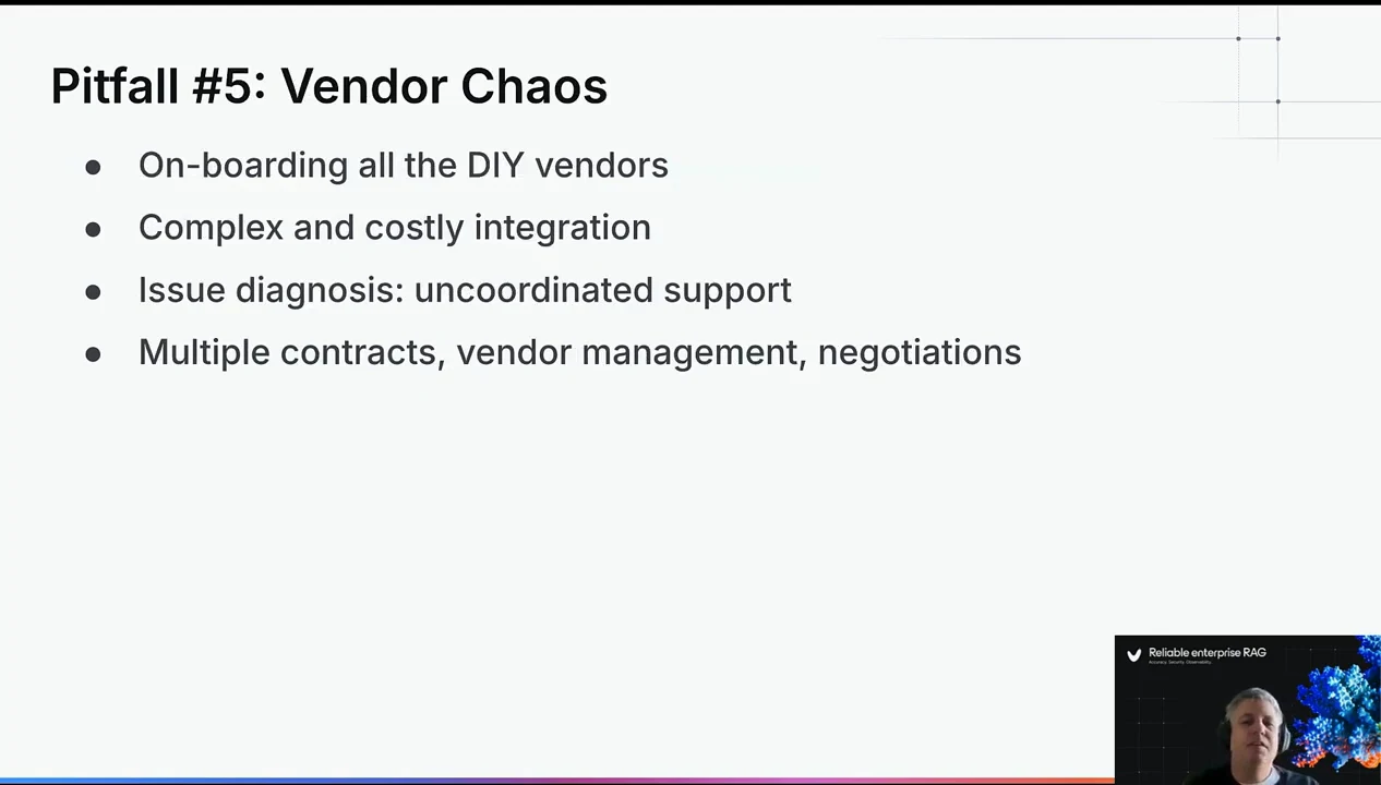 Pitfall #5: Vendor Chaos slide with four bullets covering vendor onboarding, costly integration, issue diagnosis, and contracts and negotiations.