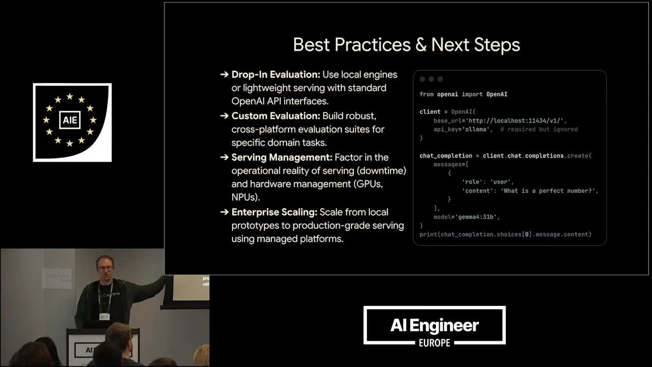 “Best Practices & Next Steps” slide with four bullets on drop-in evaluation, custom evaluation, serving management, and enterprise scaling, plus a Python code panel.