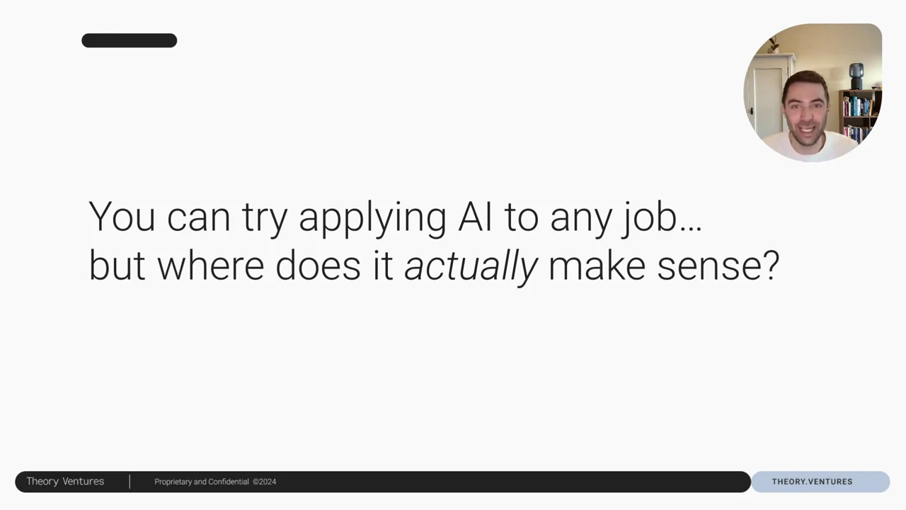 Slide asking, “You can try applying AI to any job... but where does it actually make sense?” with the presenter inset at upper right.