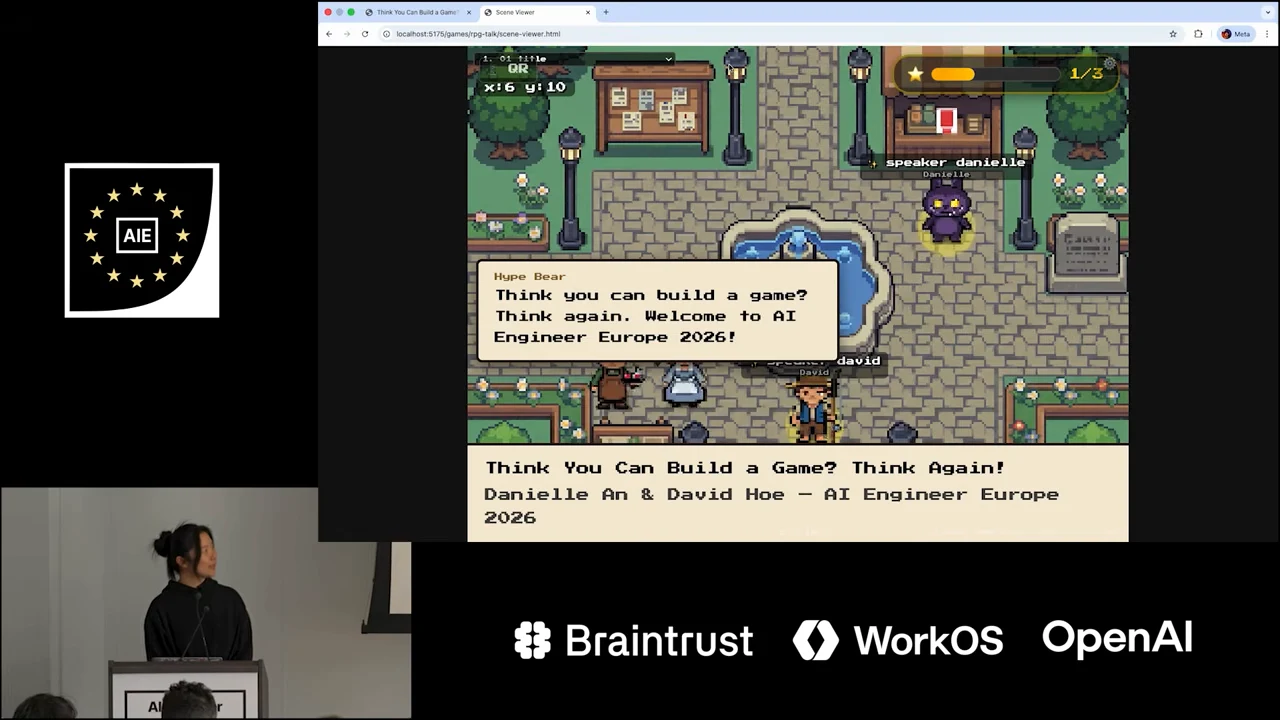 Pixel-art plaza with a fountain, characters, and an open welcome dialogue above the talk title.