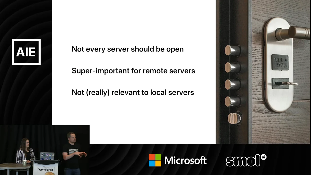 Slide with a door lock photograph and three statements: not every server should be open, protection is super-important for remote servers, and not really relevant to local servers.