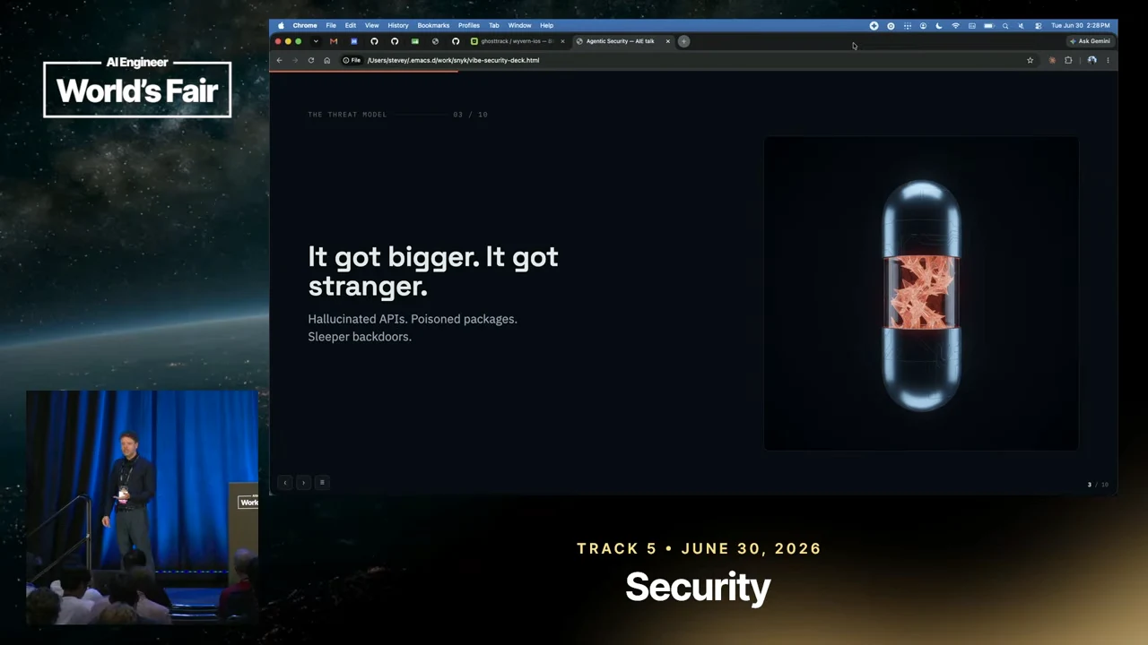 Dark slide listing hallucinated APIs, poisoned packages, and sleeper backdoors beside a capsule-shaped illustration with an orange tangled center.
