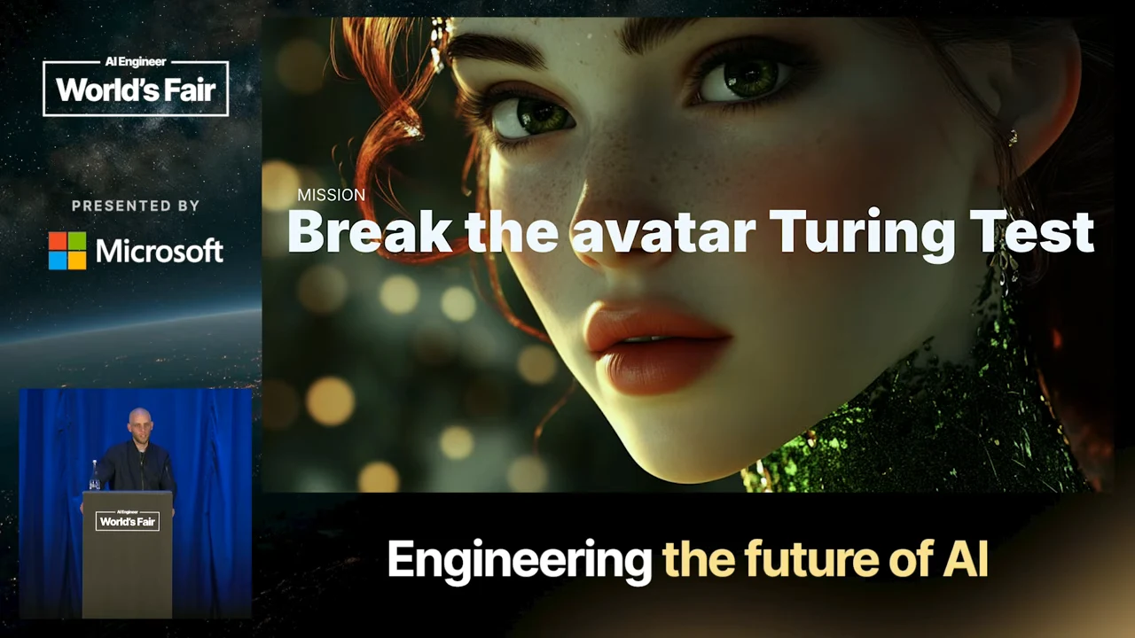 A rendered face fills the slide behind the words “Break the avatar Turing Test,” with the presenter inset at left.