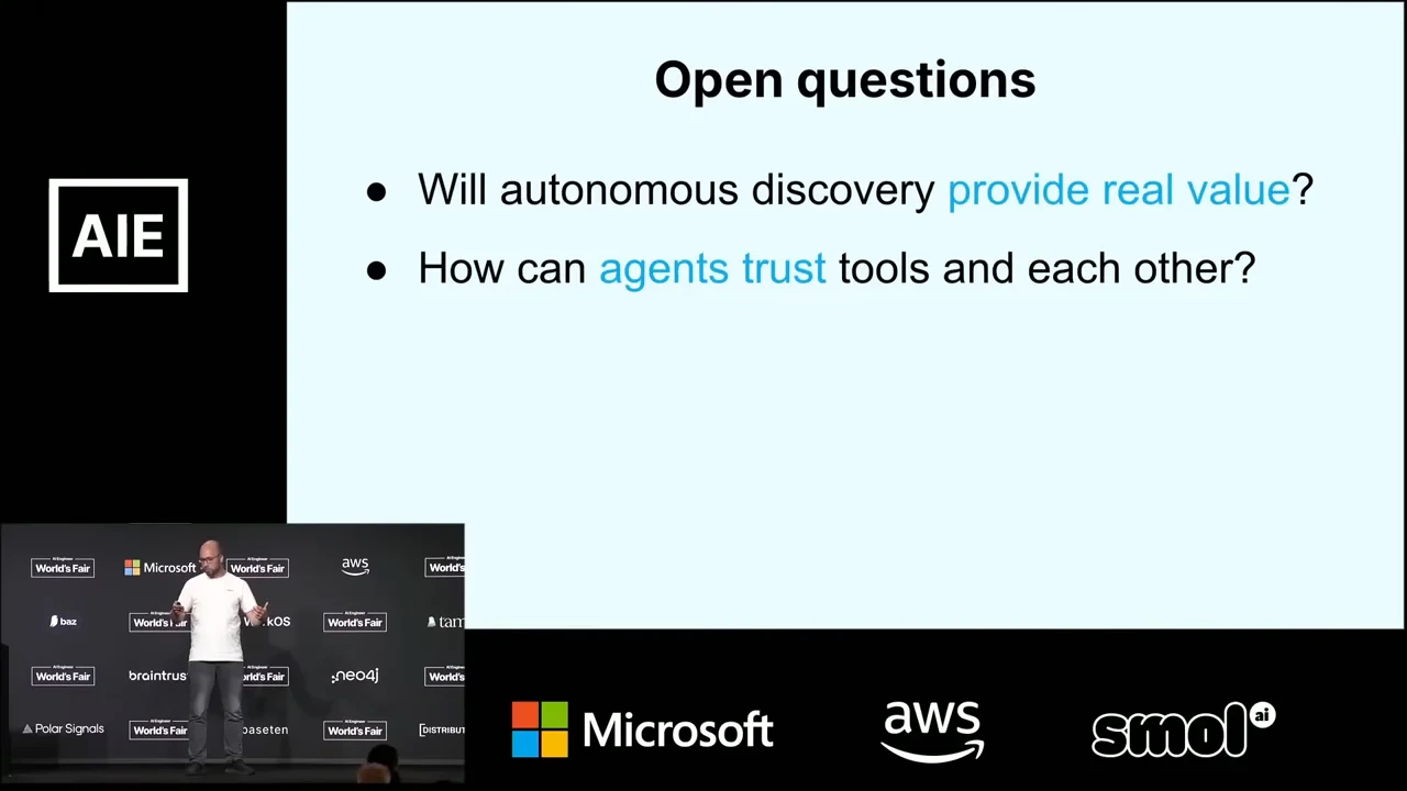 Open questions slide asks whether autonomous discovery will provide real value and how agents can trust tools and each other.