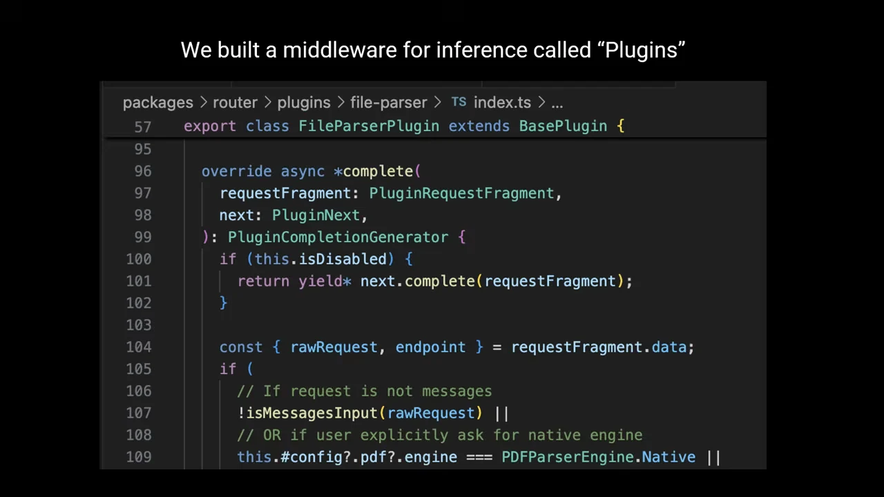 Slide titled “We built a middleware for inference called ‘Plugins’” above a TypeScript code screenshot showing FileParserPlugin and its complete method.
