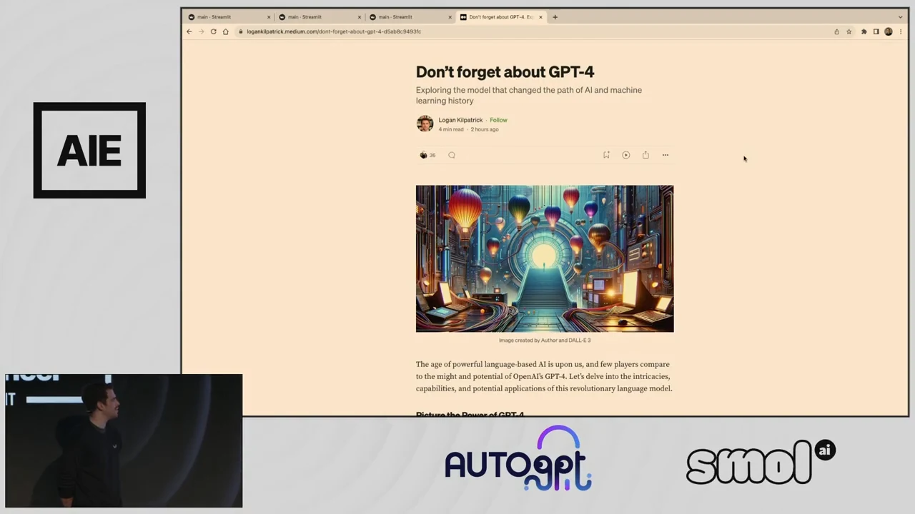 Browser displaying “Don’t forget about GPT-4” above an illustration of colorful balloons and a glowing circular doorway, with article text below.