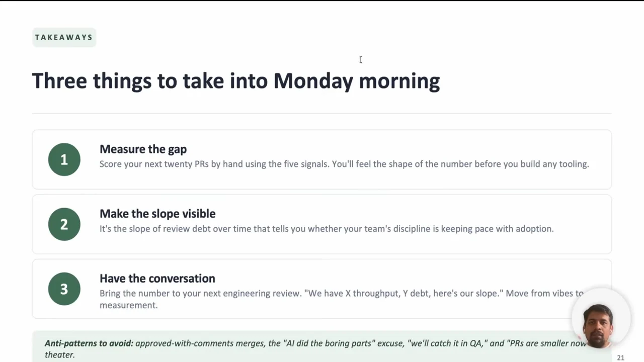Takeaways slide with three numbered recommendations, including scoring twenty PRs by hand, tracking review debt over time, and discussing measurements; an anti-pattern warning strip runs along the bottom.