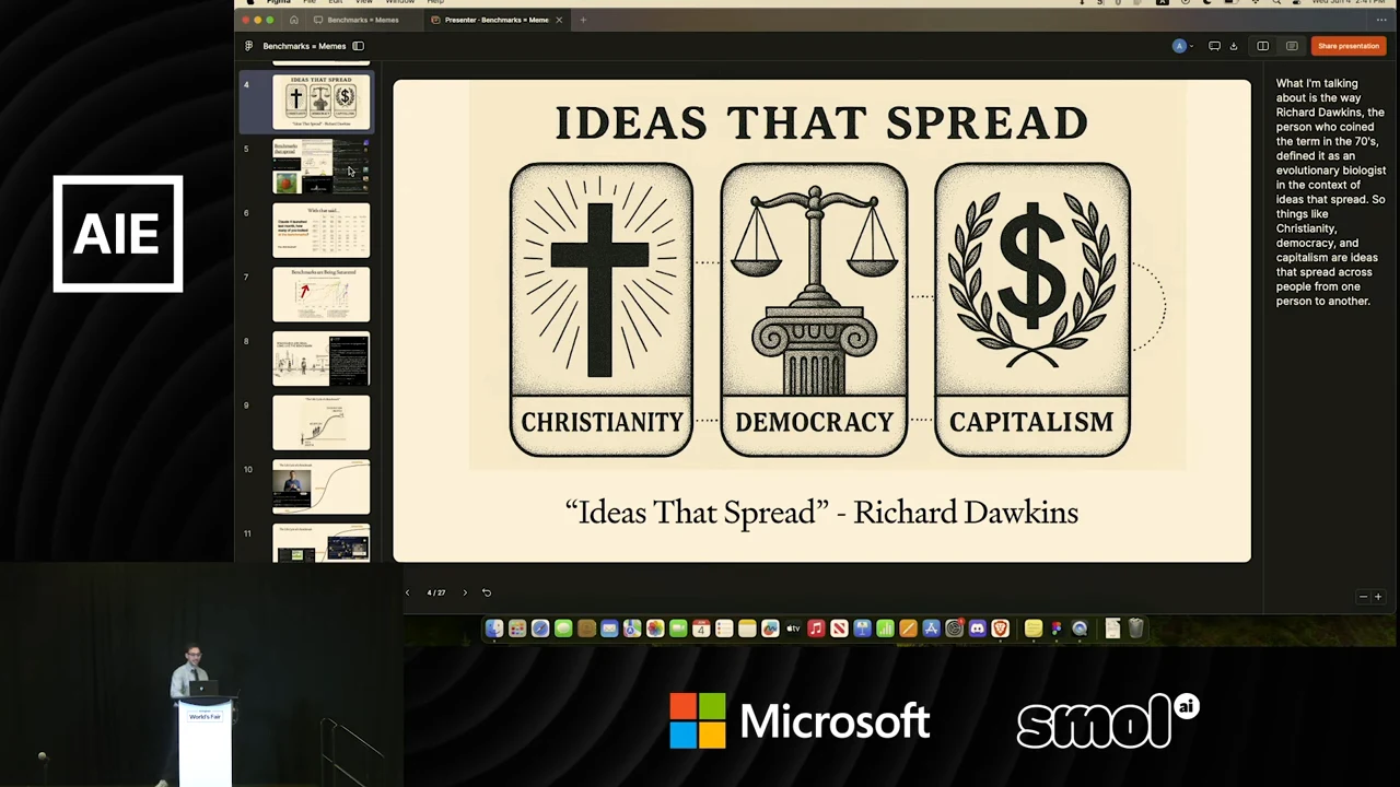 Slide titled “Ideas That Spread” shows a cross, scales and a dollar sign, labeled Christianity, Democracy and Capitalism, with a Richard Dawkins attribution below.