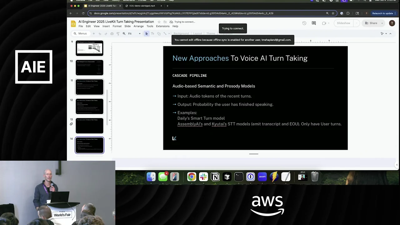 Google Slides editor displays audio-token input, completion probability output, Daily’s Smart Turn model, and AssemblyAI and Kyutai transcription models, with a note that they only have user turns.