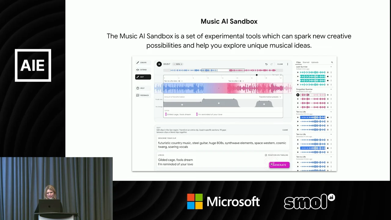 Music AI Sandbox slide with an editor screenshot showing colored audio waveforms, text fields and a right-hand clip list.