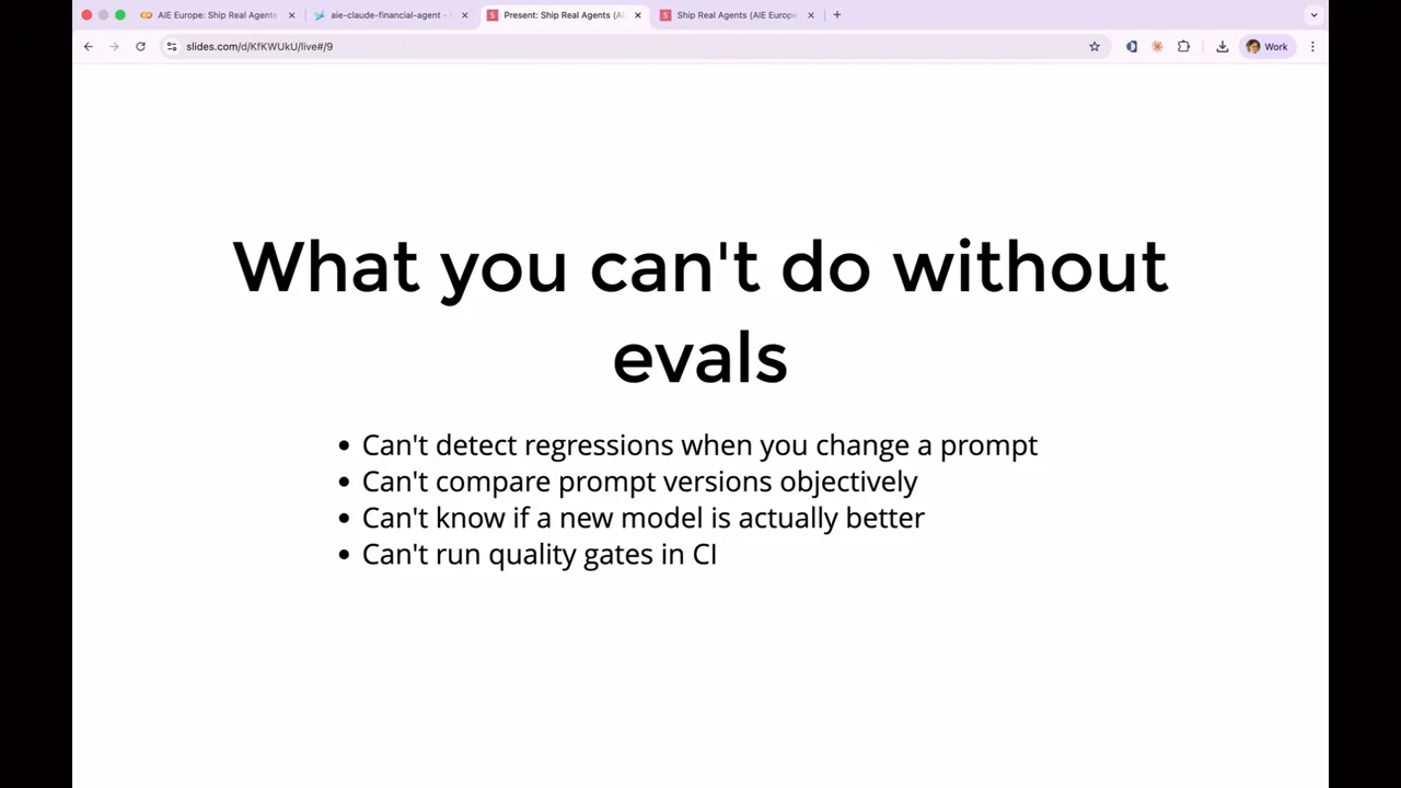 Slide titled “What you can't do without evals” listing four limitations of working without evaluations.