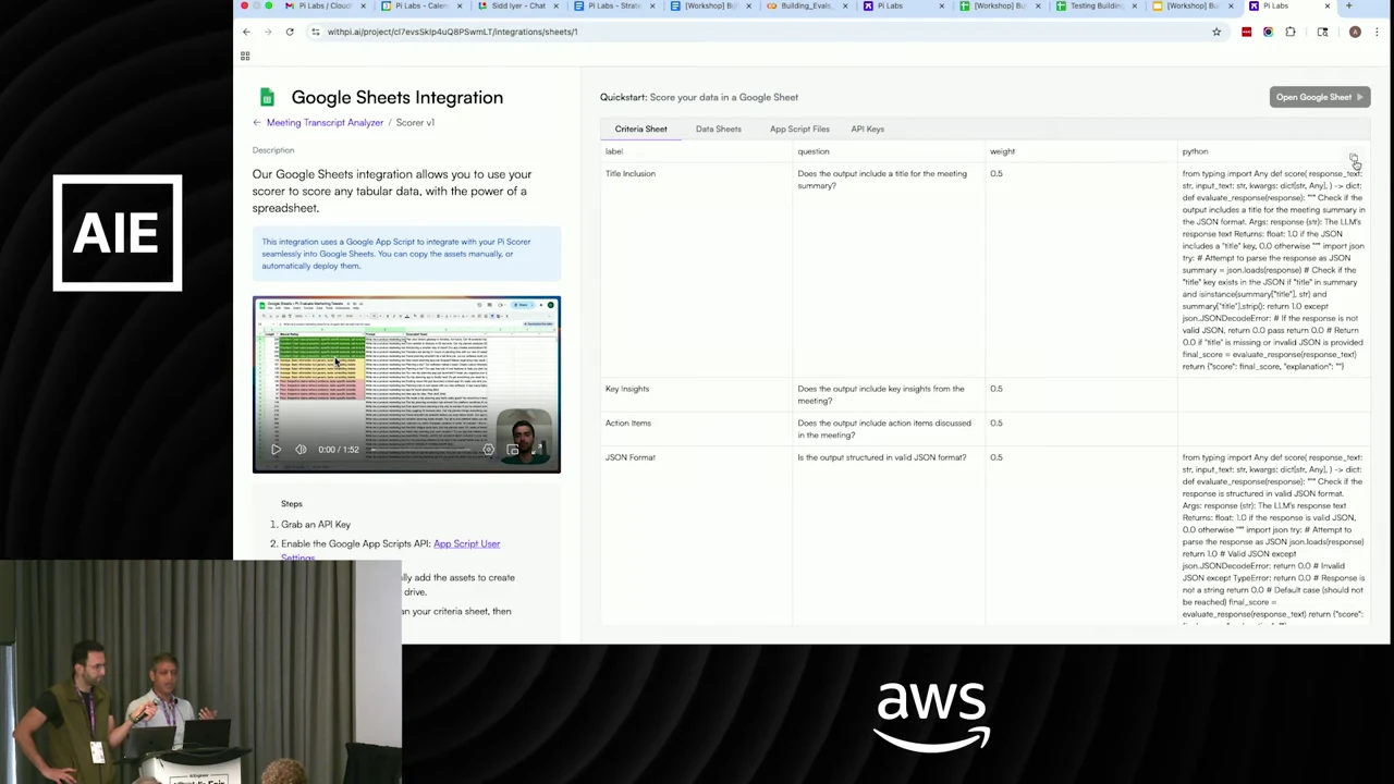 Google Sheets Integration page with setup instructions and a criteria table containing label, question, weight, and Python columns.