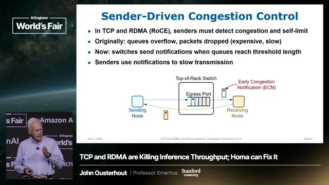 Selected presentation frame from Homa: The End of TCP for AI Clusters — John Ousterhout, Stanford at 495 seconds