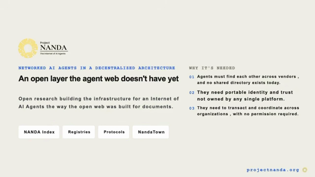 Slide titled “An open layer the agent web doesn't have yet,” with three reasons it is needed and labels for NANDA Index, Registries, Protocols, and NandaTown.