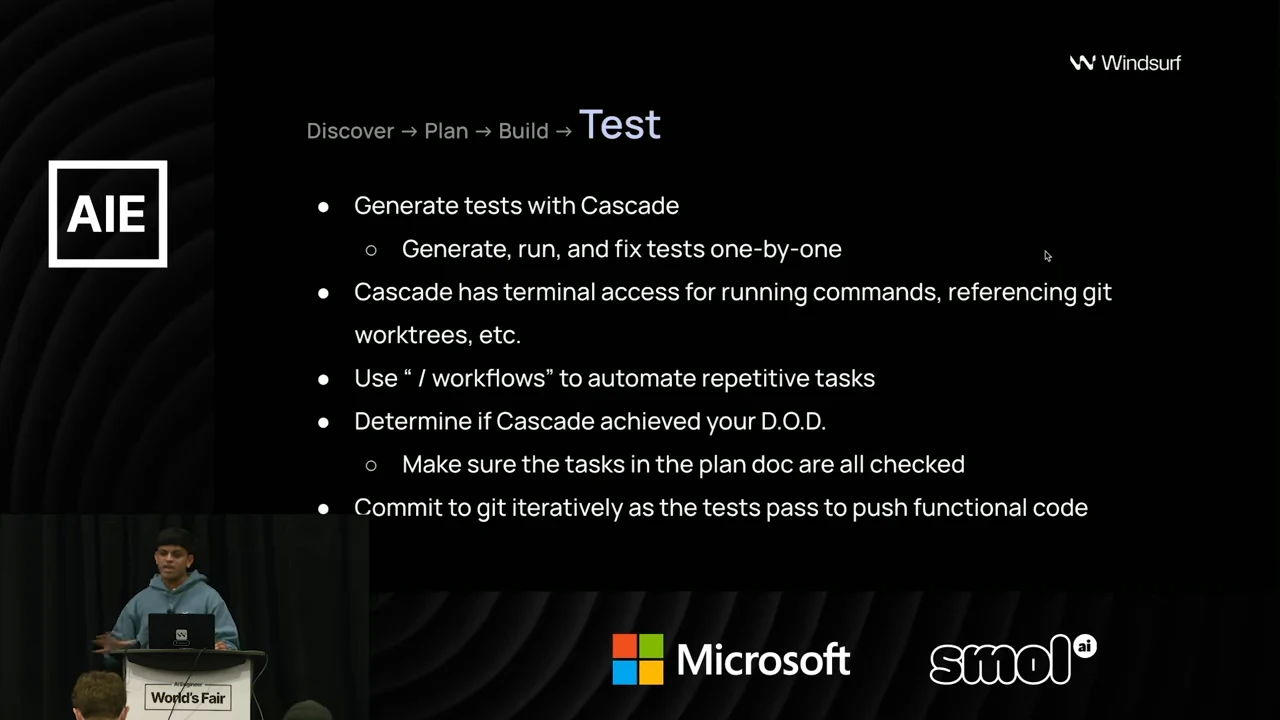 Discover → Plan → Build → Test slide listing Cascade test generation, terminal access, workflows, definition-of-done checks, and committing as tests pass.
