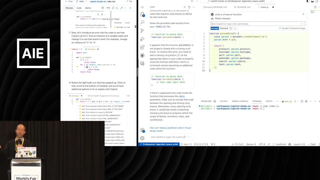 VS Code shows an inline prompt above a green-highlighted parser function, with Accept and Discard controls.