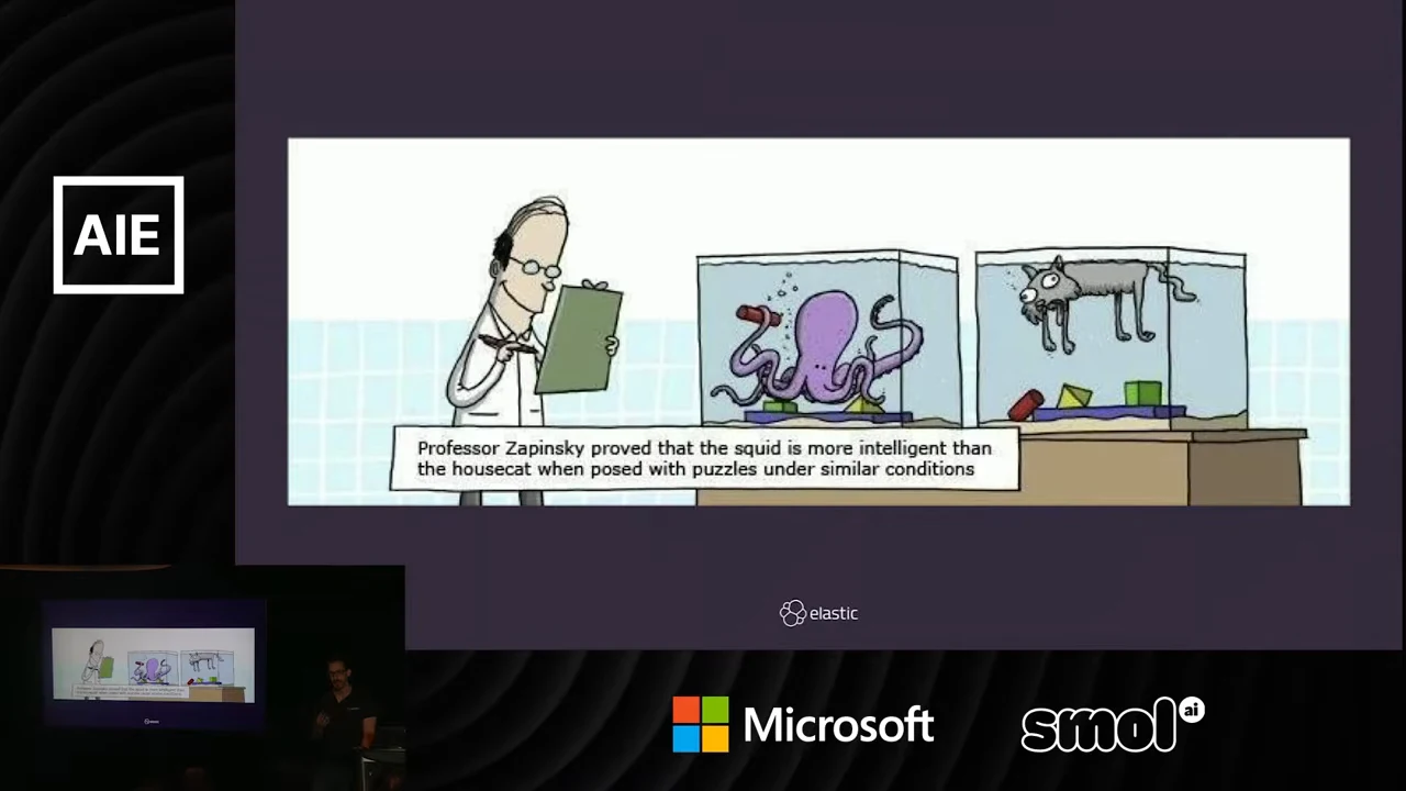 Cartoon of a scientist observing a squid and a submerged housecat in adjacent tanks, with a caption claiming the squid is more intelligent under similar conditions.